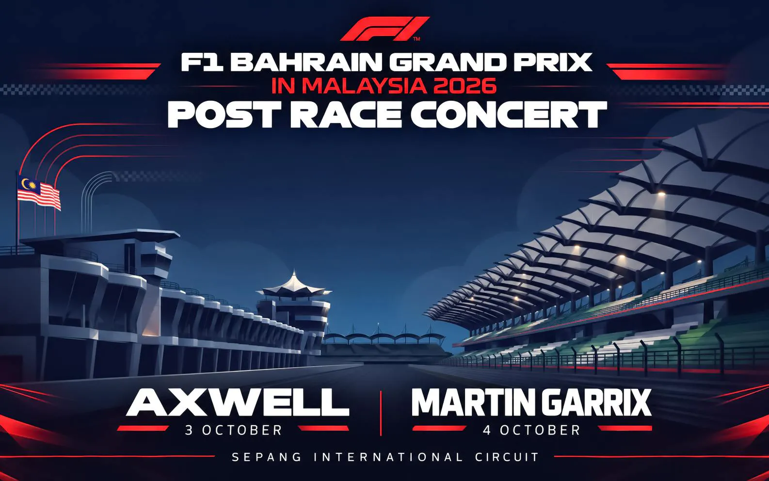 F1 Bahrain Grand Prix 2026 post-race concert at Sepang Circuit, featuring Axwell and Martin Garrix.