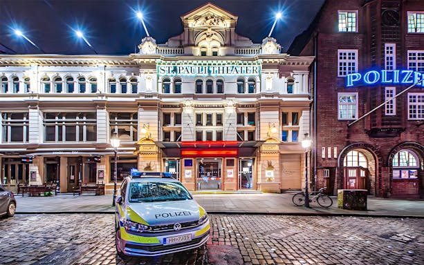 St. Pauli Theater and police car at night, Hamburg Kiez Speed Tour.