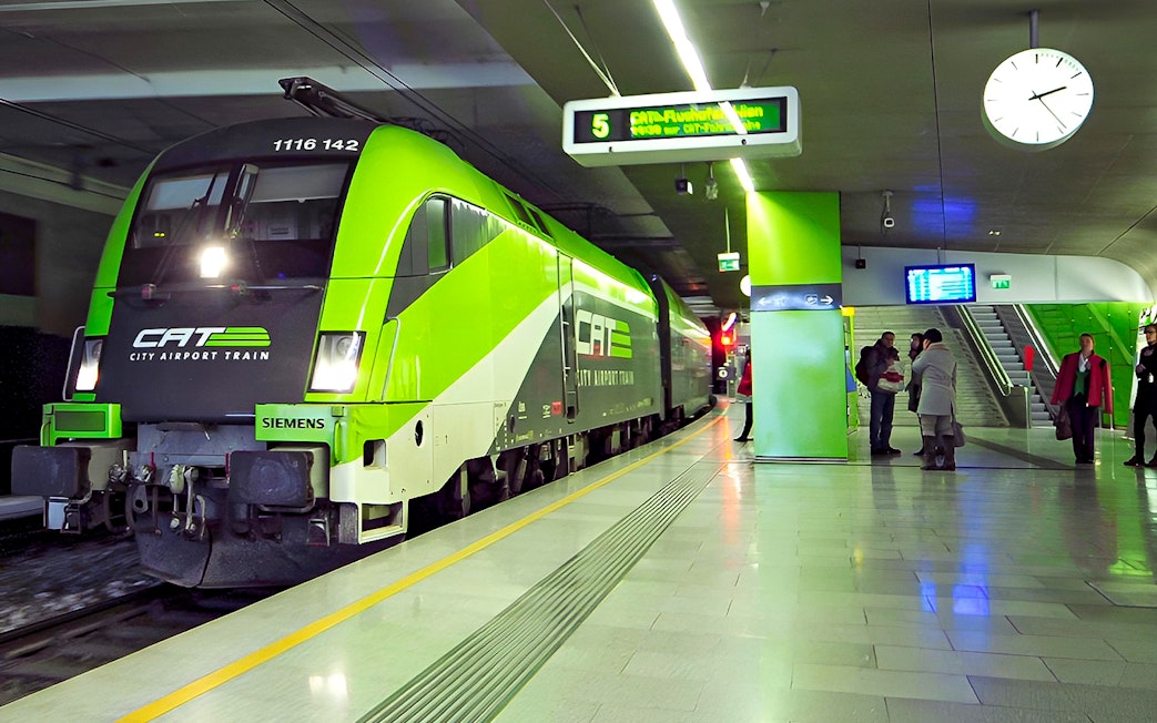 City Airport Train at Vienna station platform for airport transfer.