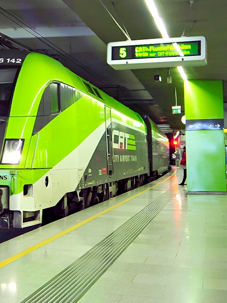 City Airport Train at Vienna station platform for airport transfer.