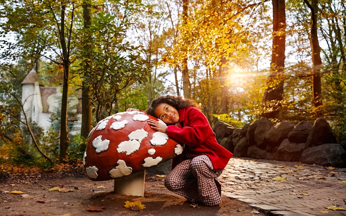 Child smiling next to a large mushroom sculpture at Efteling Theme Park.