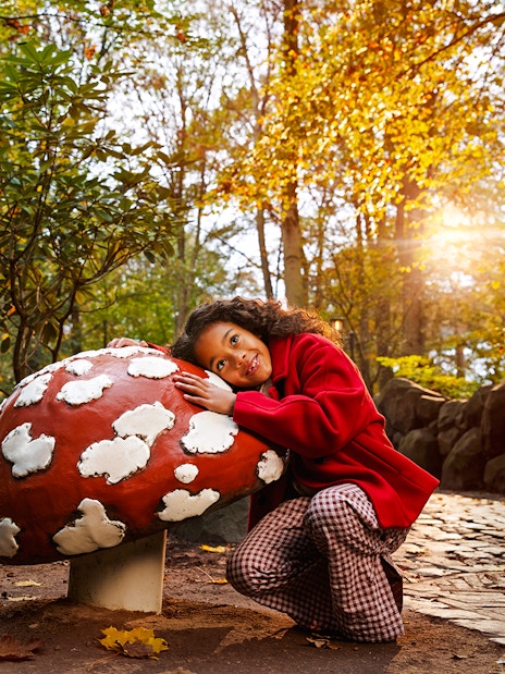 Child smiling next to a large mushroom sculpture at Efteling Theme Park.