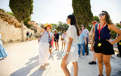 Tour group with guide at Acropolis, Athens.