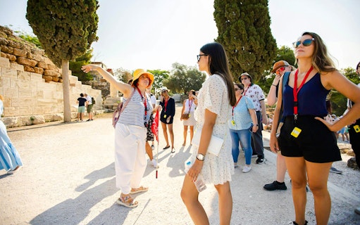 Tour group with guide at Acropolis, Athens.