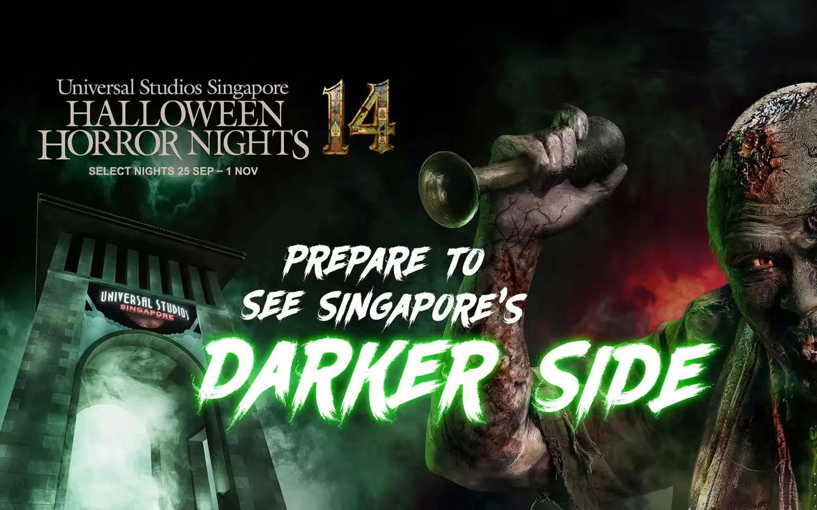 Universal Studios Singapore Halloween Horror Nights 14 promotional poster with zombie.