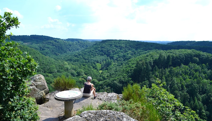 Roche d'Oëtre cliff view in Normandy, showcasing lush forest landscape and scenic hiking trails.