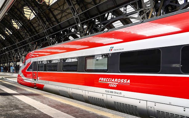 Frecciarossa high-speed train at station, Bologna to Modena route.