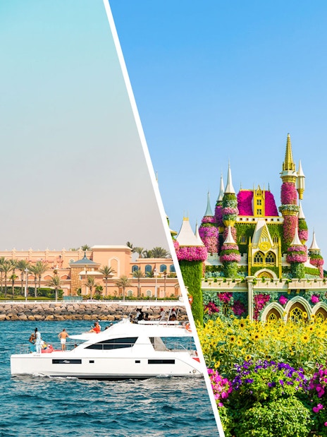 Luxury yacht cruising Dubai Marina and floral castle at Dubai Miracle Garden.
