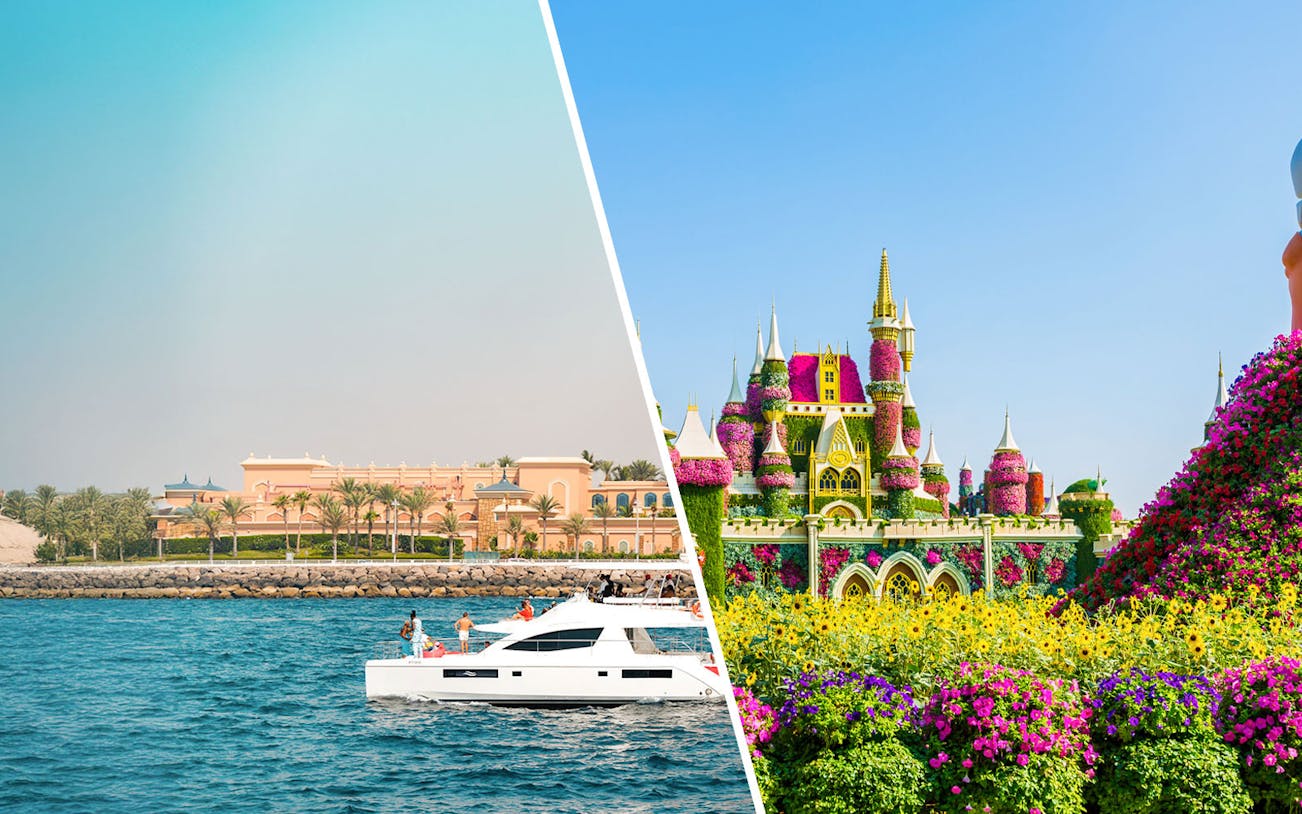 Luxury yacht cruising Dubai Marina and floral castle at Dubai Miracle Garden.