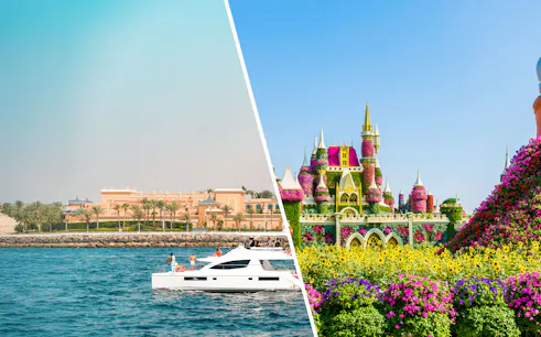Luxury yacht cruising Dubai Marina and floral castle at Dubai Miracle Garden.