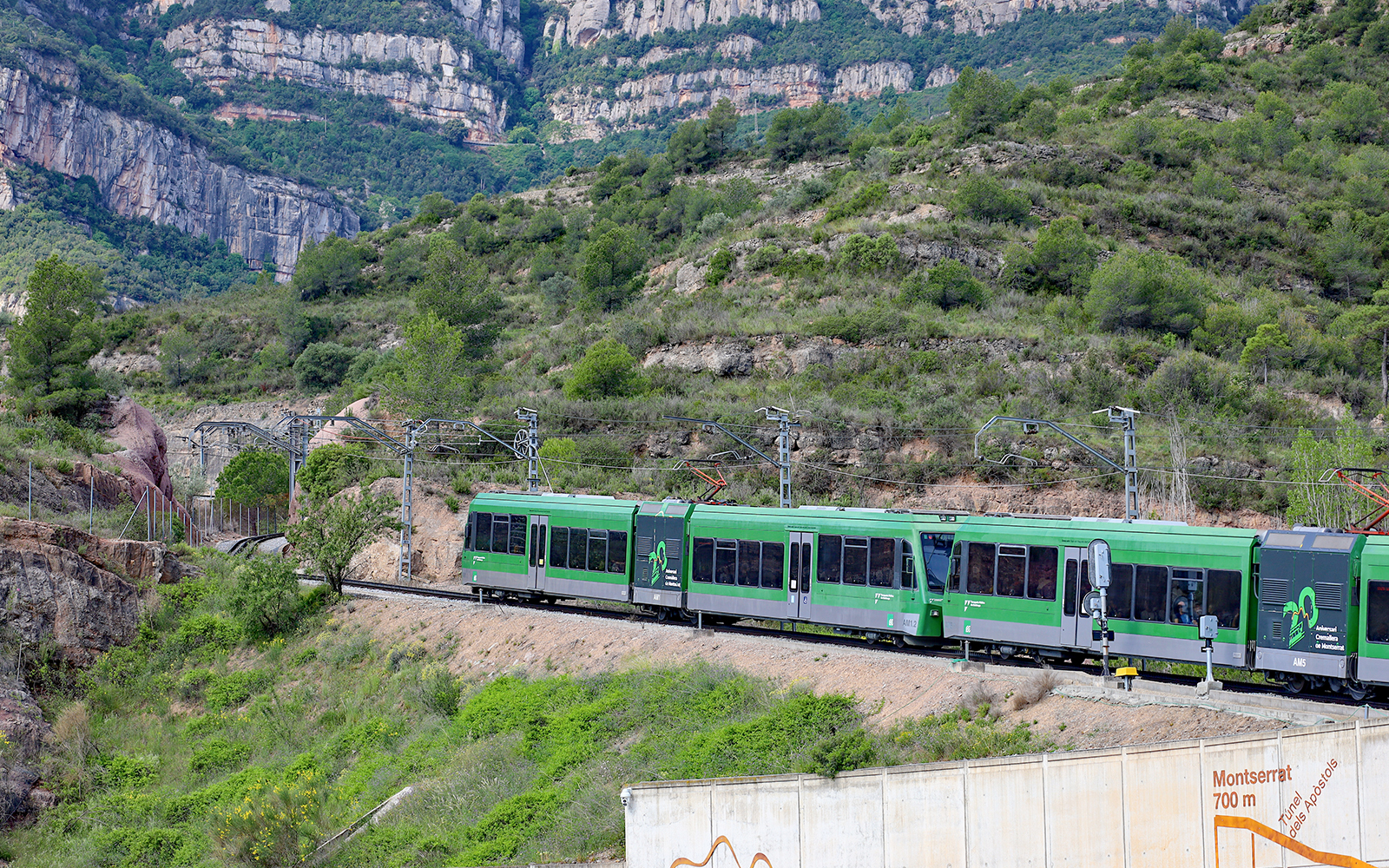 View of the Montserrat Rack Railway leaving the station and heading towards the mountain-top Monastery