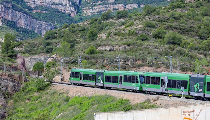 View of the Montserrat Rack Railway leaving the station and heading towards the mountain-top Monastery