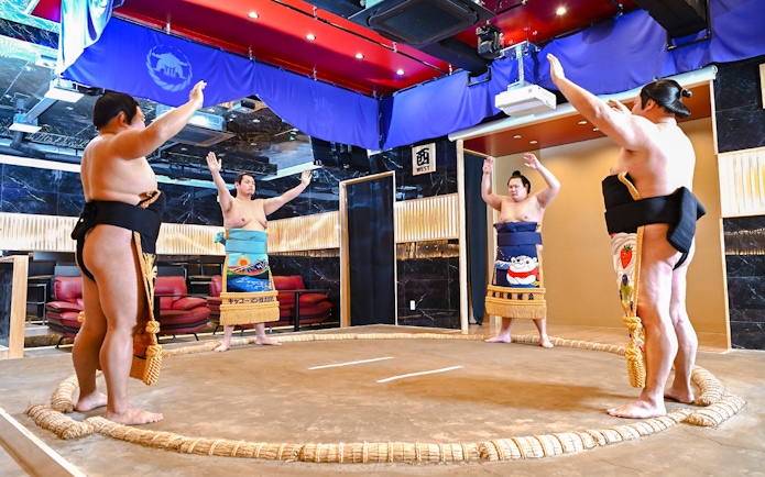 Sumo wrestlers practicing at Asakusa Sumo Club, Tokyo.