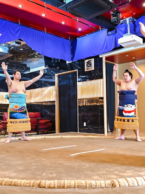 Sumo wrestlers practicing at Asakusa Sumo Club, Tokyo.