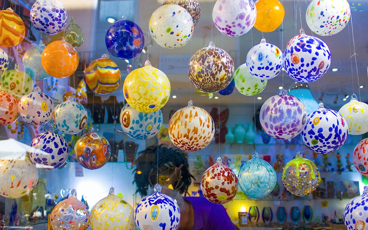 Colorful glass ornaments displayed at Murano Glass Museum, Venice.