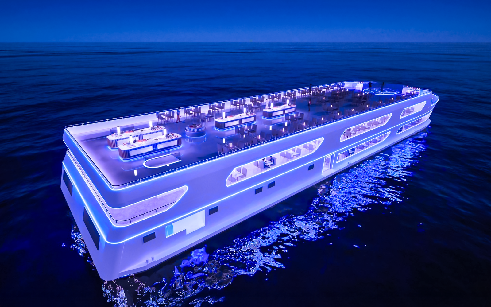 Luxury dinner cruise ship illuminated at night on the Chao Phraya River, Bangkok.