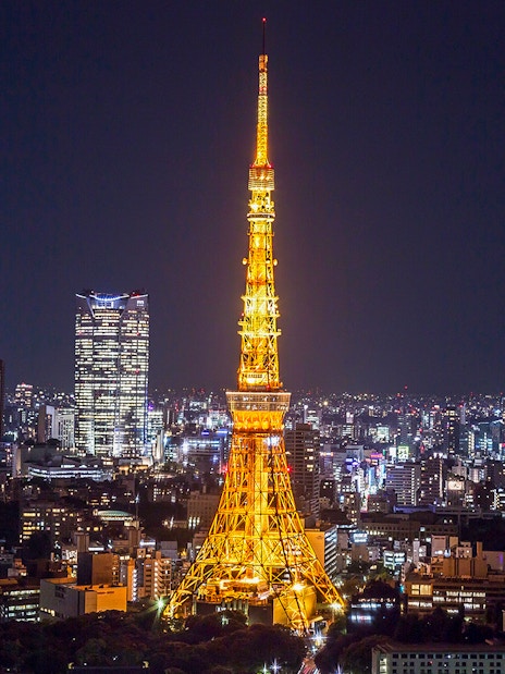 Tokyo Tower illuminated at night with city skyline in the background.