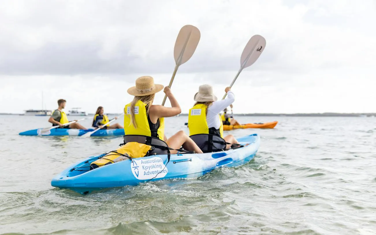 Kayakers paddling on a guided tour in Gold Coast waters.