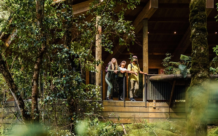 Tourists exploring Te Anau Glowworm Caves entrance surrounded by lush forest.