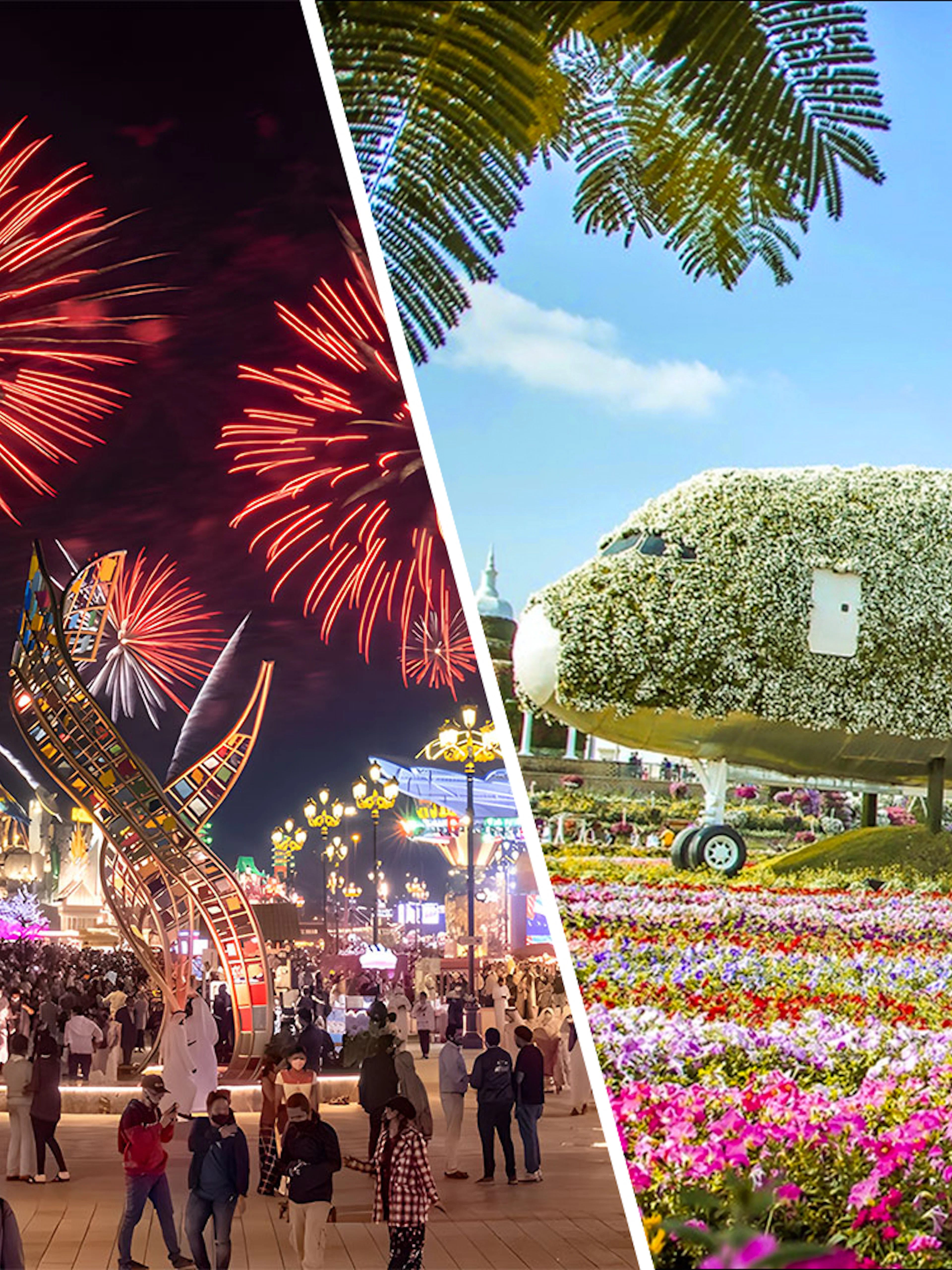 Fireworks at Dubai Global Village and floral Emirates plane at Miracle Garden.