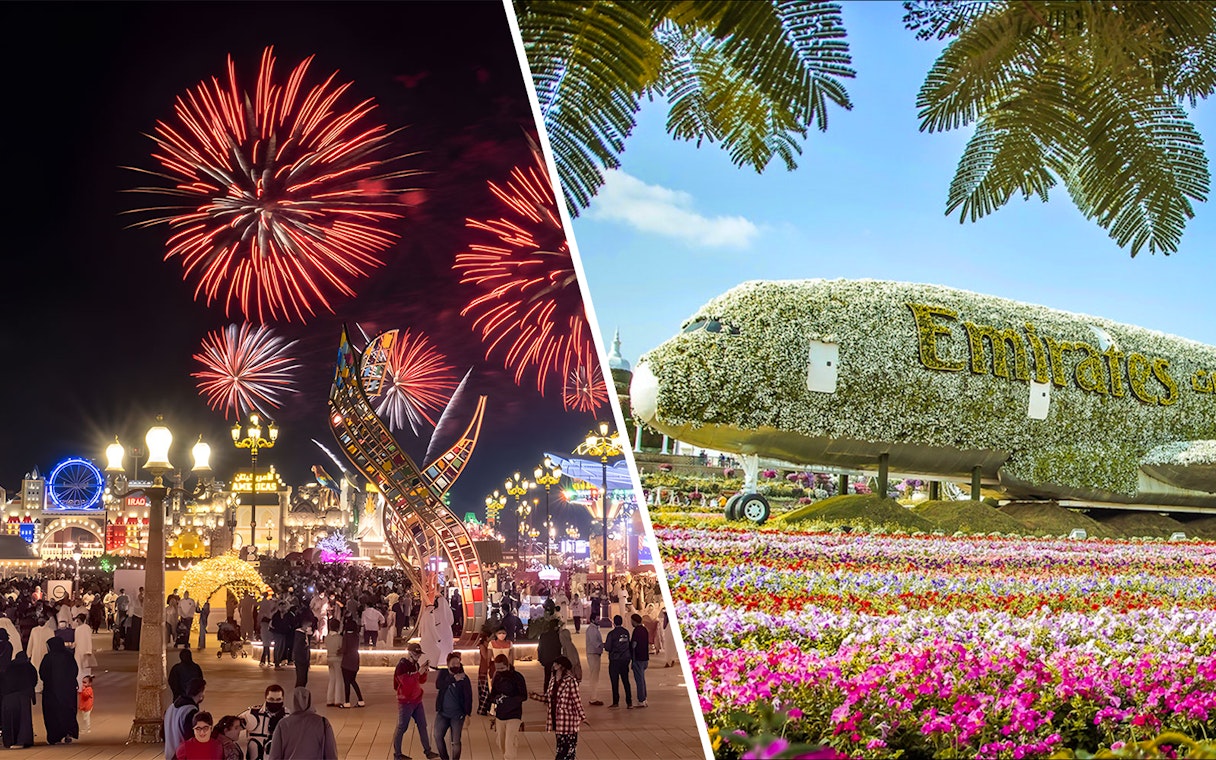 Fireworks at Dubai Global Village and floral Emirates plane at Miracle Garden.