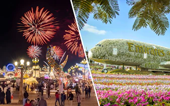 Fireworks at Dubai Global Village and floral Emirates plane at Miracle Garden.