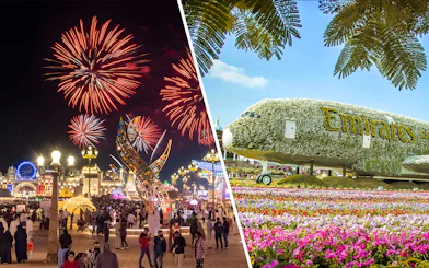 Fireworks at Dubai Global Village and floral Emirates plane at Miracle Garden.
