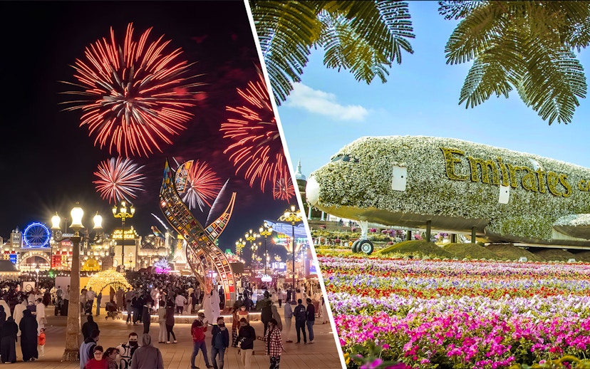 Fireworks at Dubai Global Village and floral Emirates plane at Miracle Garden.