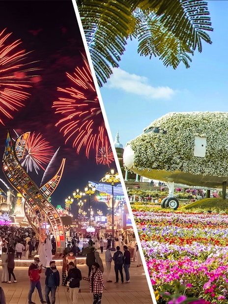 Fireworks at Dubai Global Village and floral Emirates plane at Miracle Garden.