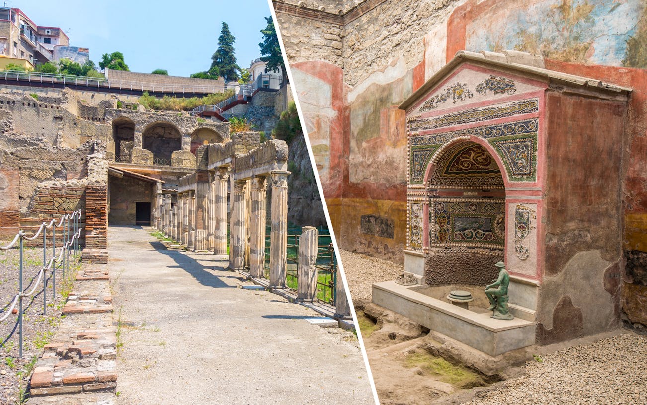 Herculaneum ruins and Pompeii frescoes, Italy, showcasing ancient architecture and art.