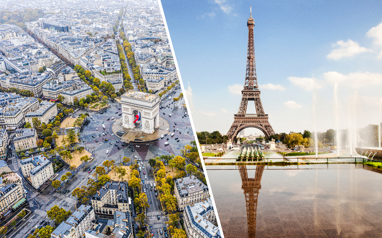 Aerial view of Arc de Triomphe and Eiffel Tower in Paris, France.
