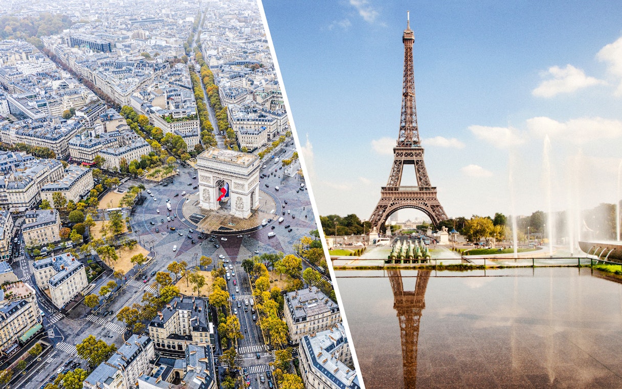 Aerial view of Arc de Triomphe and Eiffel Tower in Paris, France.