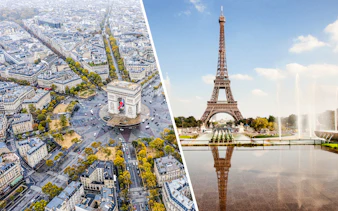 Aerial view of Arc de Triomphe and Eiffel Tower in Paris, France.