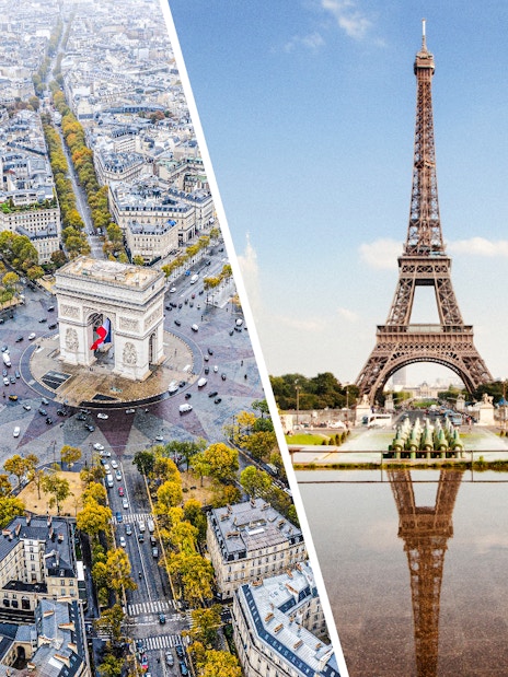 Aerial view of Arc de Triomphe and Eiffel Tower in Paris, France.