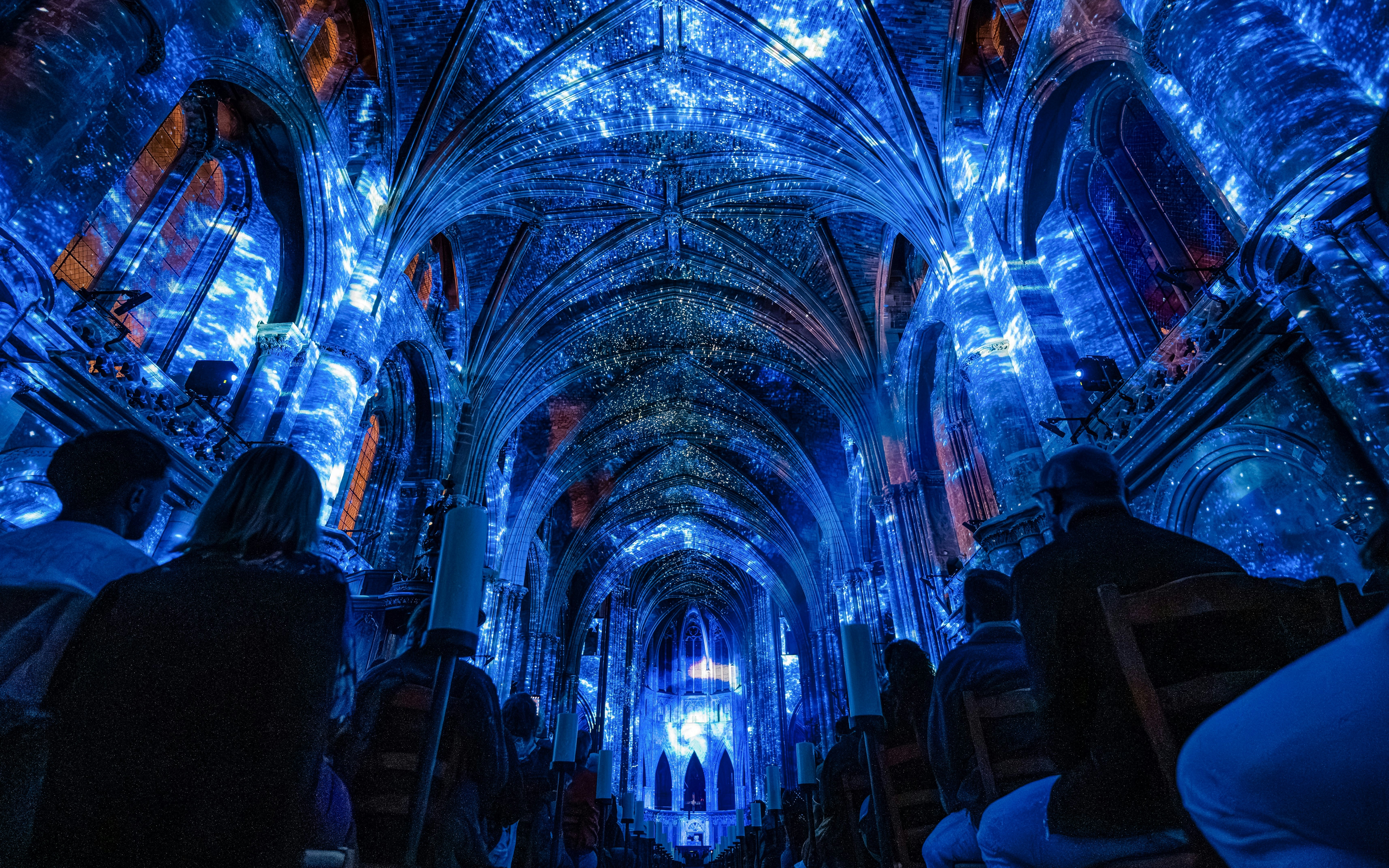 Interiors of Manchester Cathedral during LUMINISCENCE 360° Immersive Show.