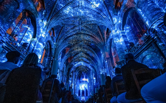 Interiors of Manchester Cathedral during LUMINISCENCE 360° Immersive Show.