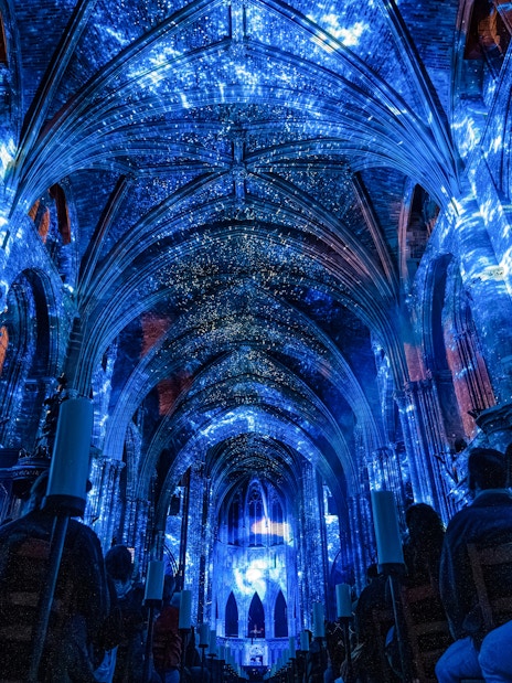 Interiors of Manchester Cathedral during LUMINISCENCE 360° Immersive Show.