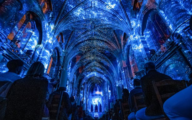 Interiors of Manchester Cathedral during LUMINISCENCE 360° Immersive Show.