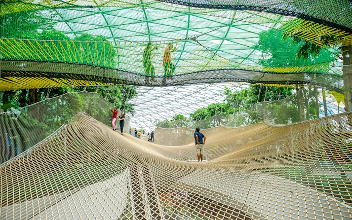 Visitors walking on the net at Canopy Park, Jewel Changi, surrounded by greenery.