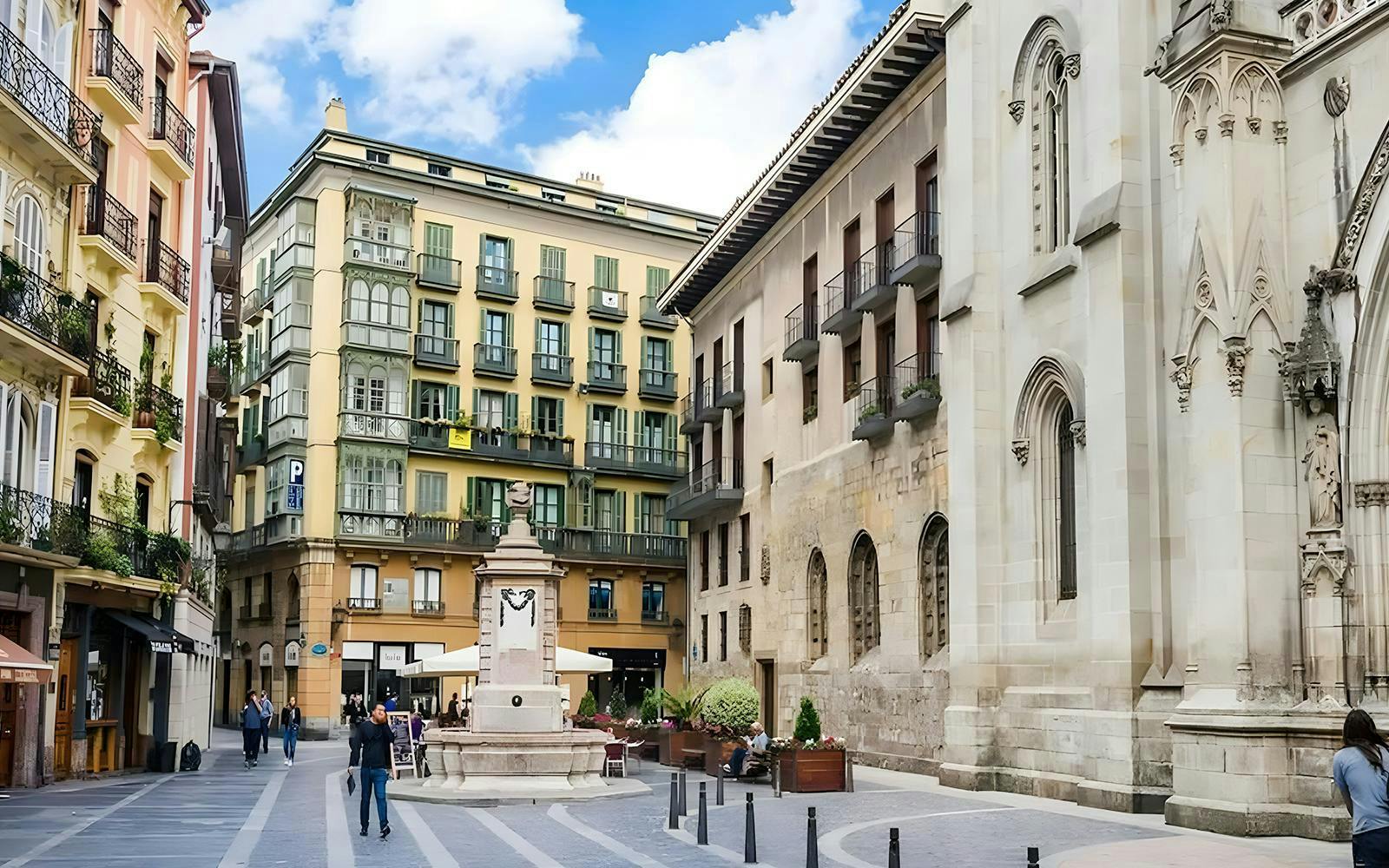 Santiago Square with Santiago Cathedral in Casco Viejo, Bilbao, Spain.