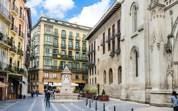 Santiago Square with Santiago Cathedral in Casco Viejo, Bilbao, Spain.