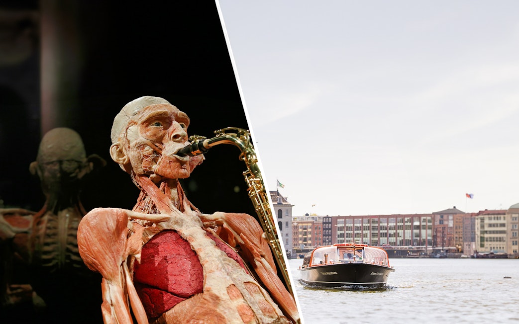 Body Worlds Amsterdam exhibit with anatomical figure playing saxophone and canal cruise boat.