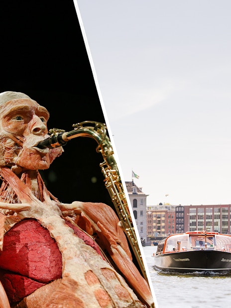 Body Worlds Amsterdam exhibit with anatomical figure playing saxophone and canal cruise boat.