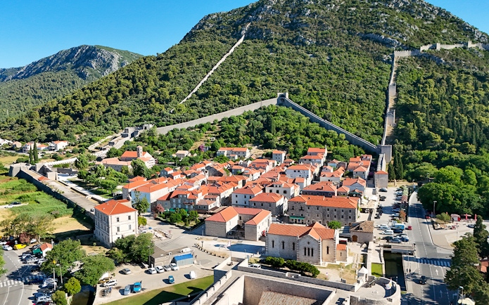 Ston town with medieval walls on Pelješac peninsula, Croatia.