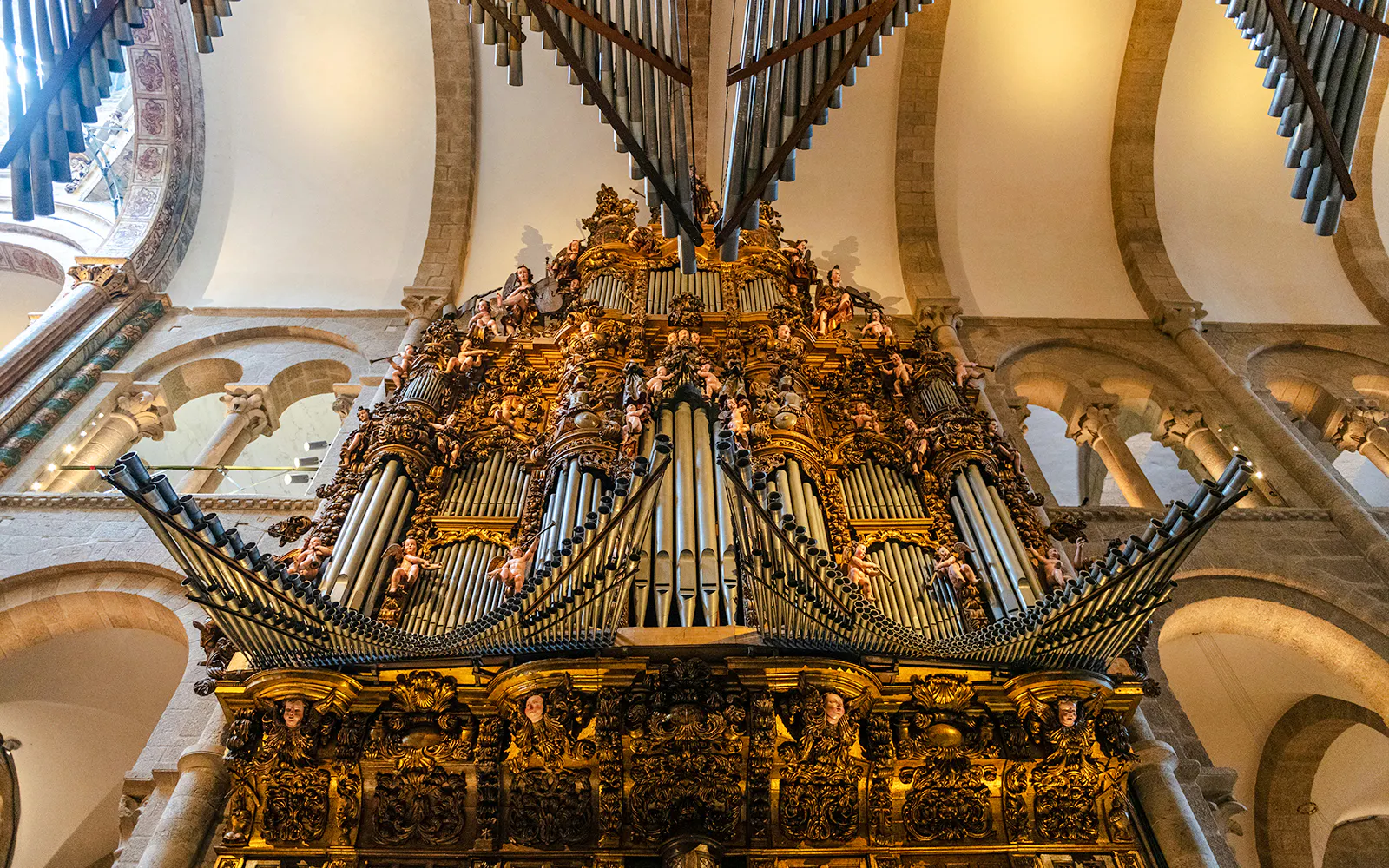 Main organ inside the Cathedral of Santiago de Compostela, a historic pilgrimage site.