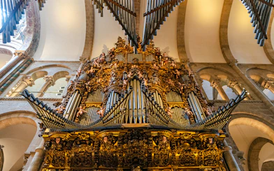 Main organ inside the Cathedral of Santiago de Compostela, a historic pilgrimage site.