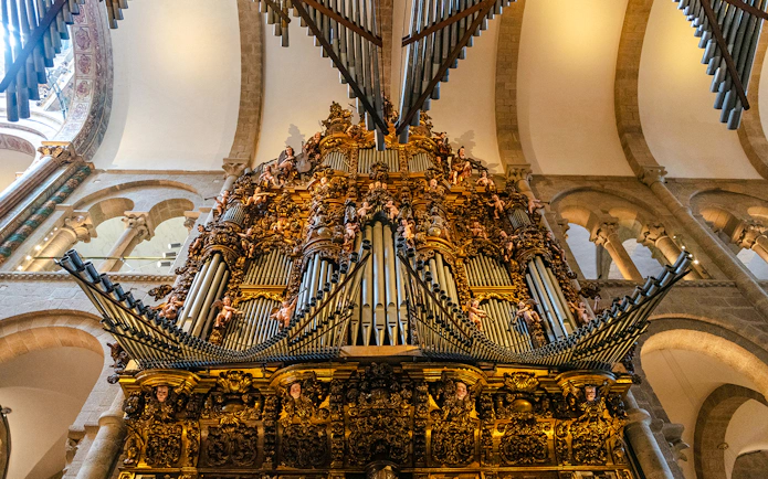 Main organ inside the Cathedral of Santiago de Compostela, a historic pilgrimage site.