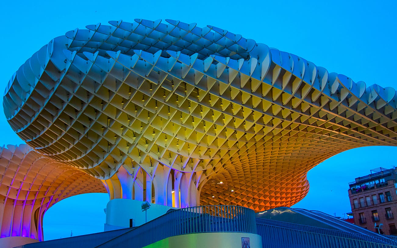 Metropol Parasol structure in Seville during a guided day tour with Malaga transfers.