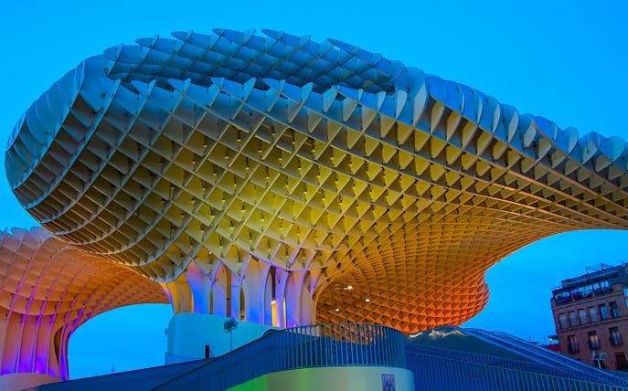 Metropol Parasol structure in Seville during a guided day tour with Malaga transfers.