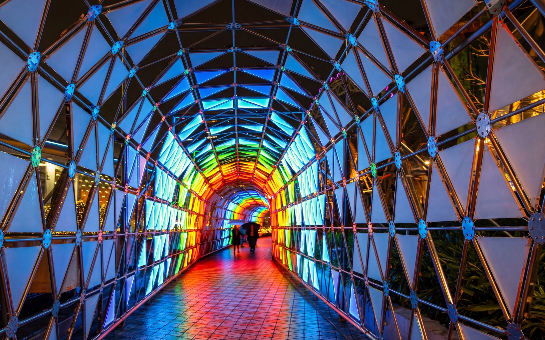 Colorful illuminated tunnel near Tokyo Dome.